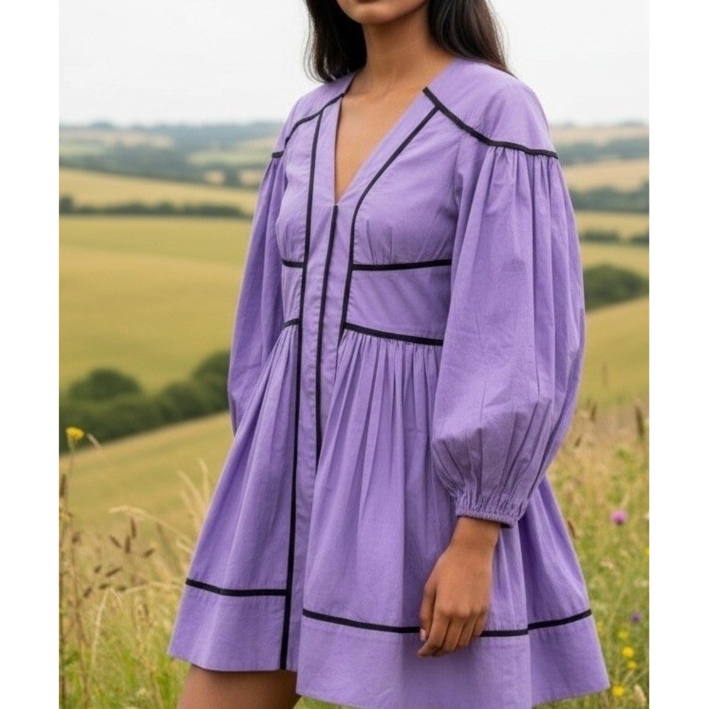 Karina Grimaldi Lavender Purple Cotton Mini Dress XS Full Skirt Puff Sleeve Rare